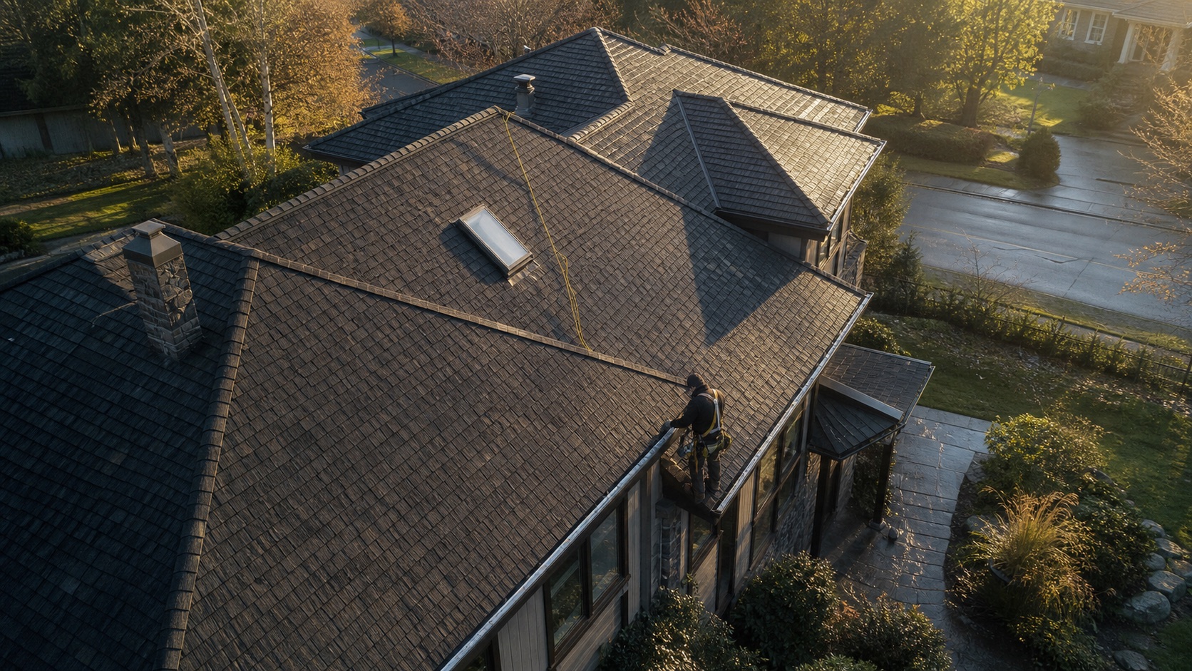 A roofer inspecting a real multi-plane roof in warm morning light